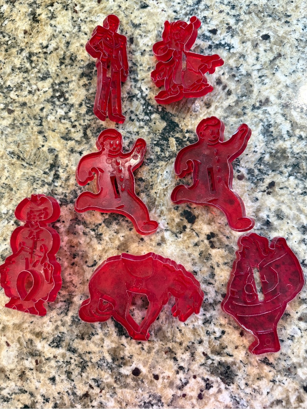 Vintage Red Cookie Cutter Set -Santa, cowboy, horse, Prince Charming. Jaq